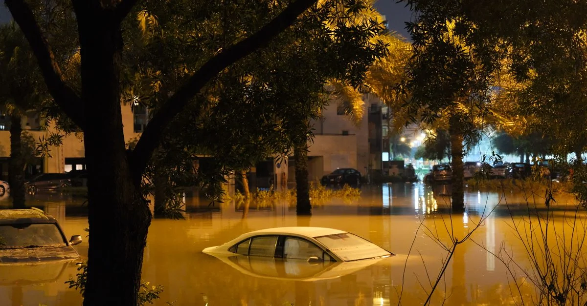 Une scène dramatique de voitures submergées dans une rue inondée, entourée d'arbres, la nuit.
