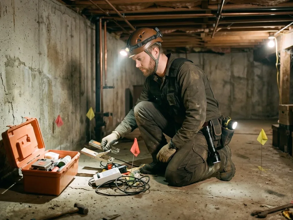 Technicien expert inspectant un bâtiment marseillais lors d'une intervention d'urgence contre les nuisibles.