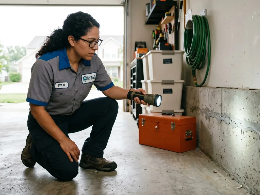 Technicienne inspectant minutieusement une cuisine marseillaise pour garantir une intervention efficace contre les rongeurs.