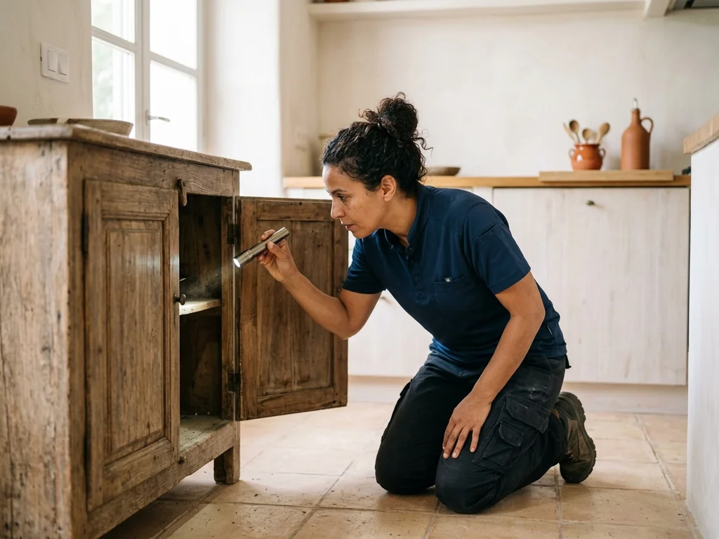 Technicienne inspectant minutieusement une cuisine marseillaise pour garantir une intervention efficace contre les rongeurs.