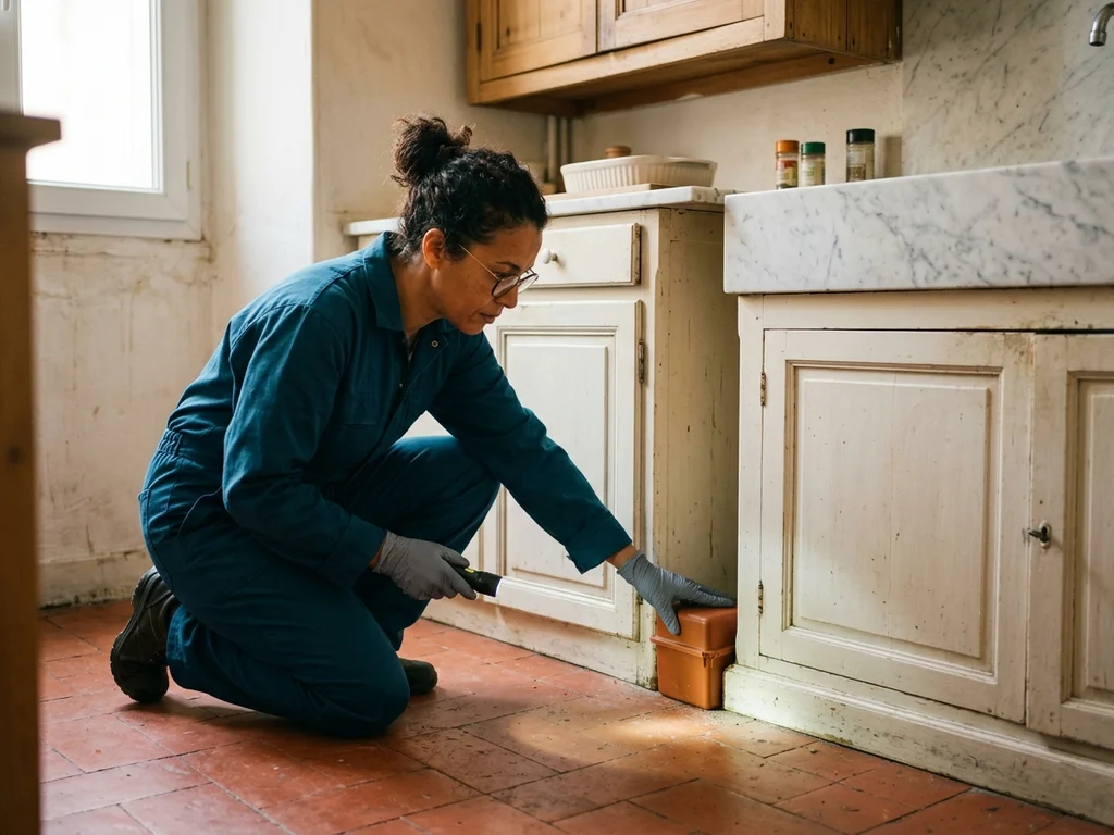 Technicienne inspectant minutieusement une cuisine pour poser des appâts lors d'une intervention de dératisation.