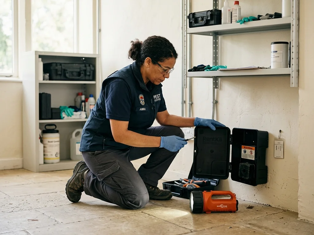 Technicienne certifiée inspectant un dispositif professionnel lors d'une intervention d'urgence à Marseille.