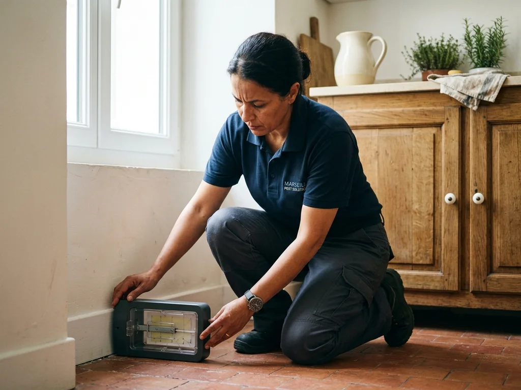 Technicienne installant un piège mécanique discret pour une désinsectisation efficace dans un appartement marseillais.