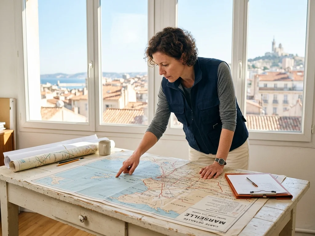 Technicienne désignant la zone d'intervention marseillaise sur une carte des Bouches-du-Rhône.